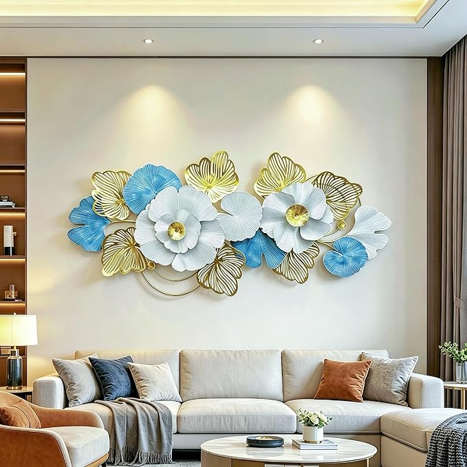 Roivikis Large Metal Wall Art for Living Room, Extra Large Metal Wall Decor, 3D Lotus Abstract Flower Modern Leaves Wall Decoration, for Indoor Outdoor Bedroom, Entryway
