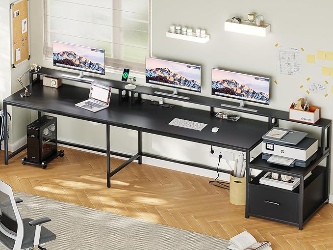 SEDETA L Shaped Gaming Desk, 66" Home Office Desk with Wood File Drawer & Power Outlet, Corner Gaming Computer Desk with Led Lights, Monitor Shelf and Printer Storage Shelves, Two Person Desk, Black