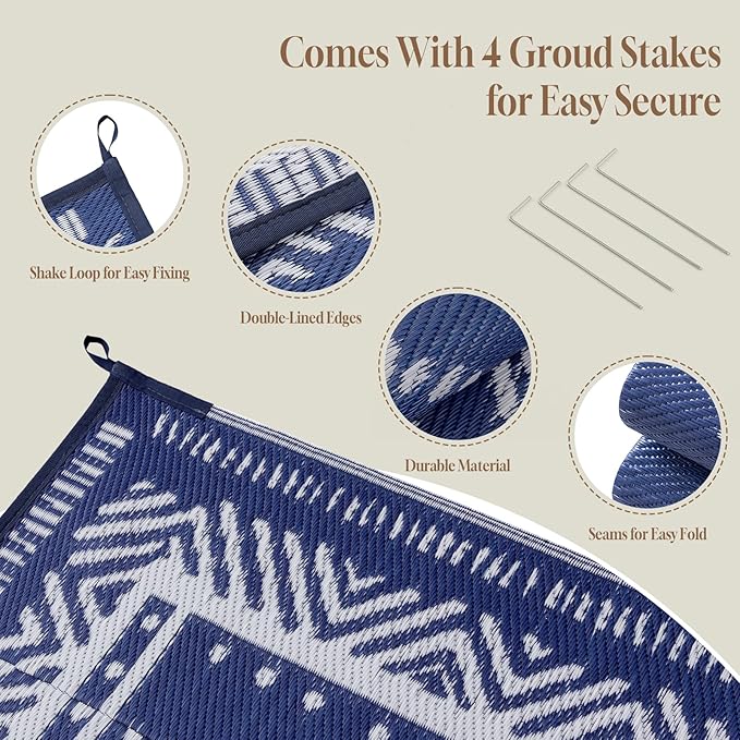 OMERAI Reversible Waterproof Outdoor Rug for Backyard,Plastic Textured Resistant Outdoors Rugs,Portable Washable Easy Cleaning Foldable Camping Beach Carpet for Patio Courtyard, 8'x10' Blue & White