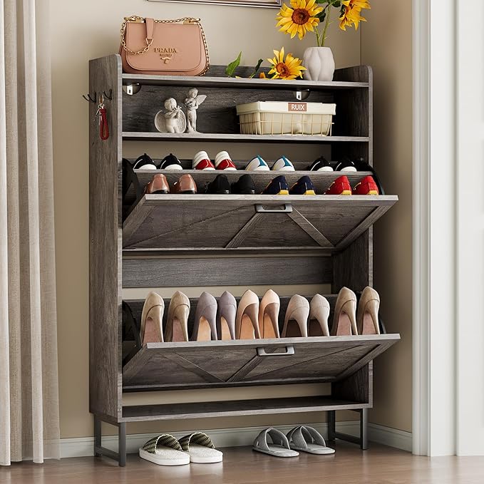 Shoe Cabinet with 2 Flip Drawers Narrow Shoe Storage Organizer Wooden Freestanding Rack Hidden Slim Shoes Storage Cabinet for Entryway, Hallway, Living Room, Bedroom (Grey)