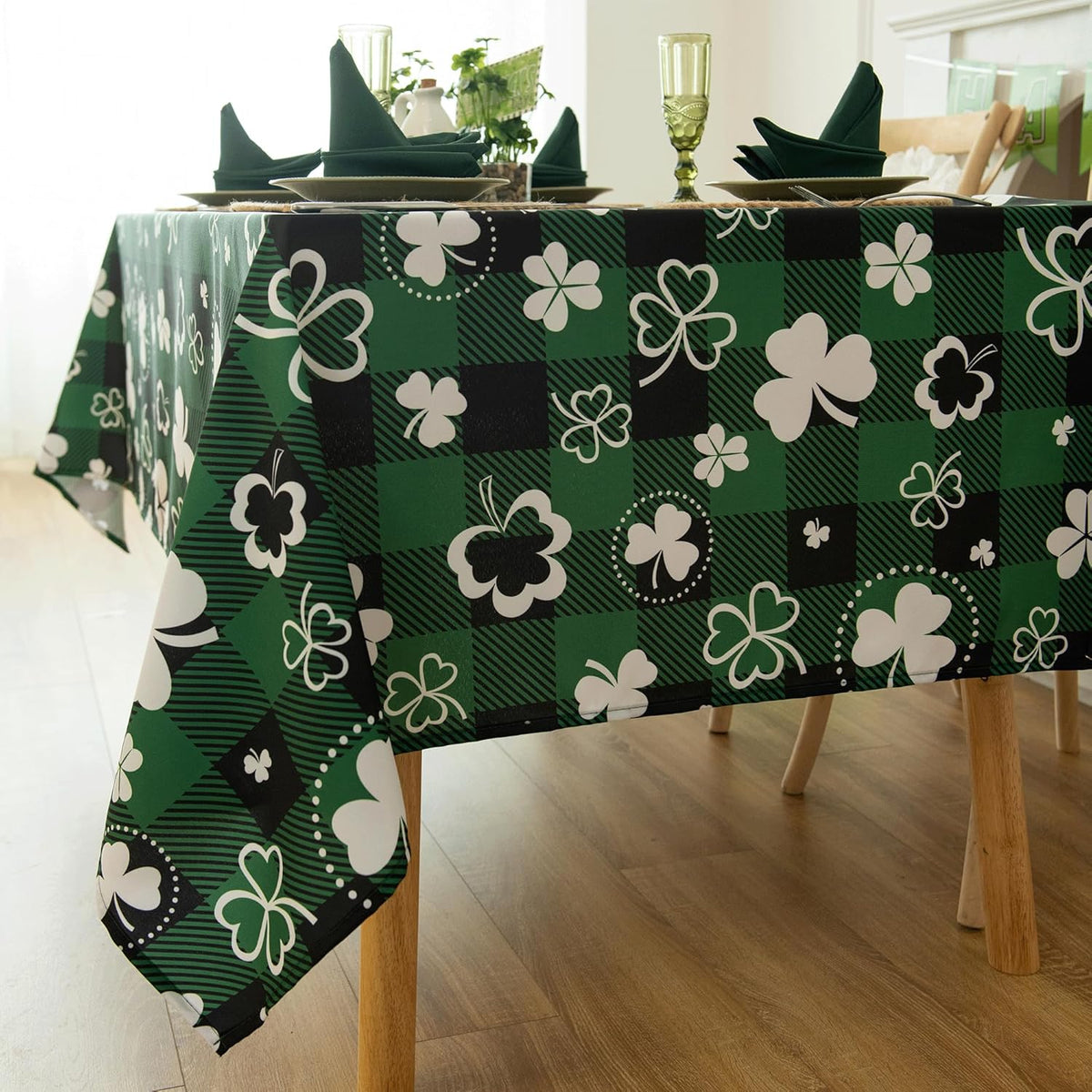 Gingham St Patricks Day Tablecloth Fabric - Oblong 58x120 Water Resistant Irish Plaid Table Cloth for Indoor/Outdoor Use - Lucky Clover Decorations Perfect for Birthday, Picnics, Gardens