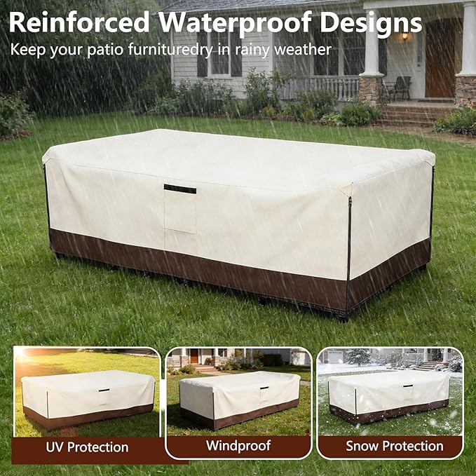 Patio Furniture Covers Waterproof,600D Heavy Duty Patio Cover for 6/7/8 PCS Sets Sectional Sofa Couch Dining Rocking Swivel Chairs Ottomans Coffee Table,111L x 74W x 28H inch Beige & Brown