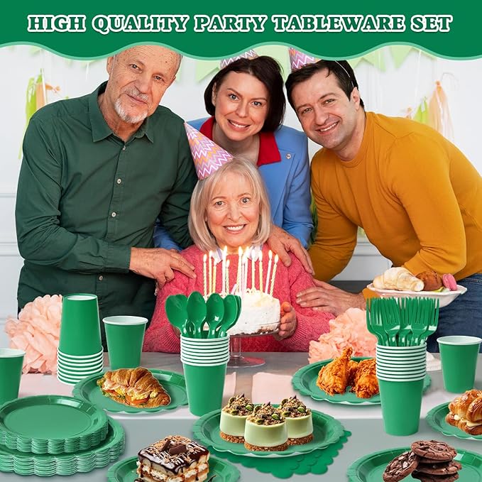 Vyntra 350 PCS Disposable Plates for Party, Paper Plates & Napkins Set with Cups, Knives, Forks, Spoons, 7'' Dessert and 9'' Dinner Plates for Birthday, Christmas, St. Patrick's Day - Green