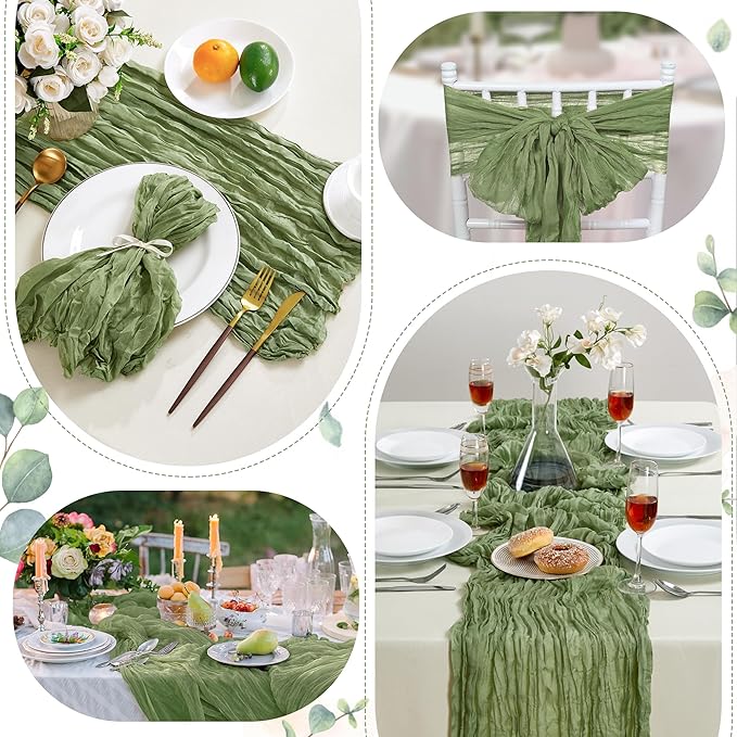 24 Pack Sage Green Cheesecloth Table Runner 10FT Long Boho Gauze Table Runner Rustic Sheer Runner for Wedding Bridal Baby Shower Birthday Party Table Decor Thanksgiving Christmas Decorations