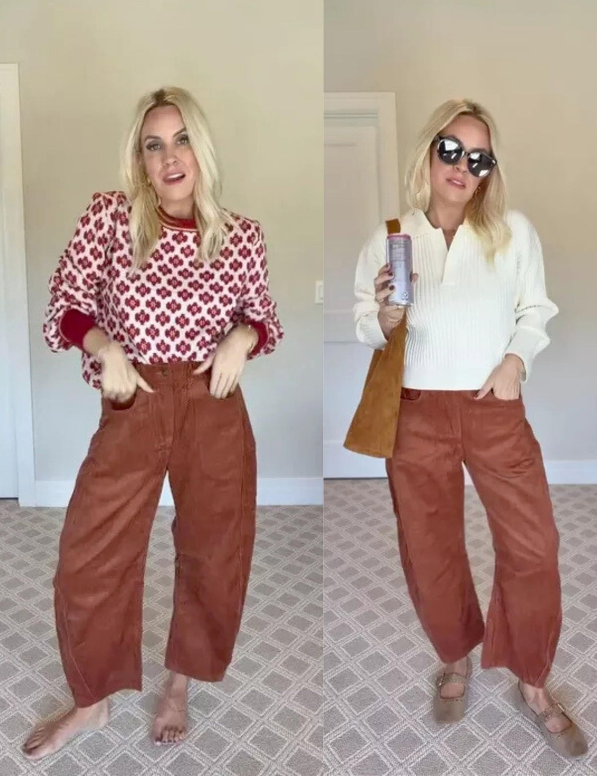 Lviefent Womens Mid Rise Cord Barrel Jeans Casual Baggy Wide Leg Corduroy Cropped Ankle Pants with Pockets (Burgundy-S)