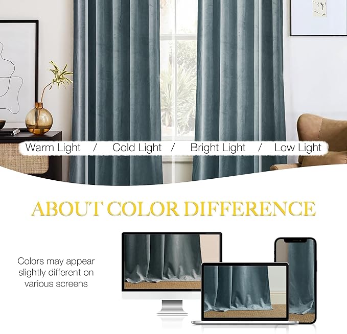 NICETOWN Stone Blue Velvet Room Darkening Curtains, Home Decor Light Blocking