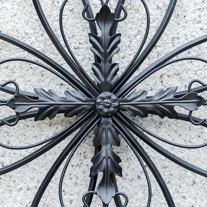 Glitzhome Black Metal Wall Art Decor, 20 Inch Iron Wall Decor with Heart and Petal Scroll Design, Indoor Outdoor Wall Accent for Garden Porch Patio