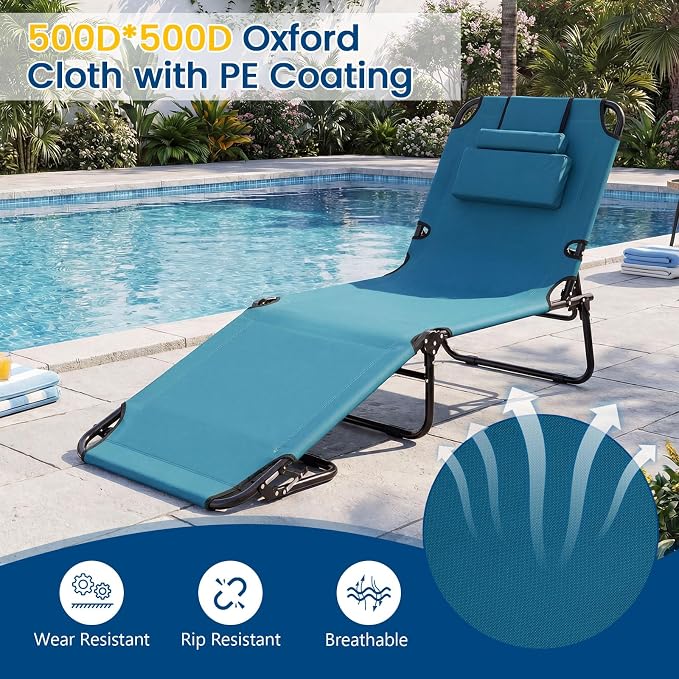 Giantex 350lbs Adjustable Patio Lounge Chair w/Face Hole, Removable Pillows, Carry Strap, Layout Chair, Folding Beach Chair, Outdoor Chaise Lounge for Poolside Lawn Tanning (1, Blue)