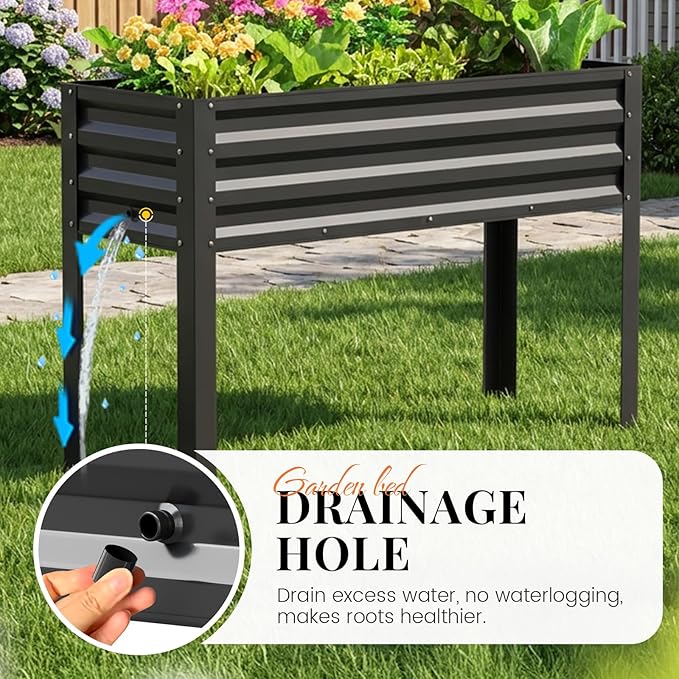 KING BIRD Raised Garden Bed with Legs & Water Storage Tank Galvanized Elevated Planter Box 48×17×31.5 in for Backyard, Patio, Balcony, 300lb Capacity, Dark Grey