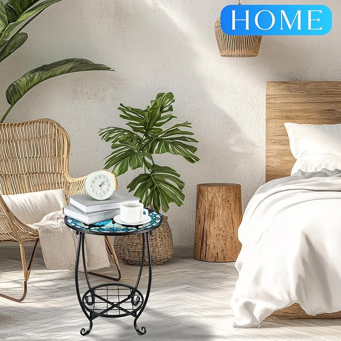 Cinnvoice Outdoor Side Table Round Small Mosaic Patio Accent Indoor End Plant Coffee Tea Table for Yard Patio Porch Garden Living Room, Bedroom