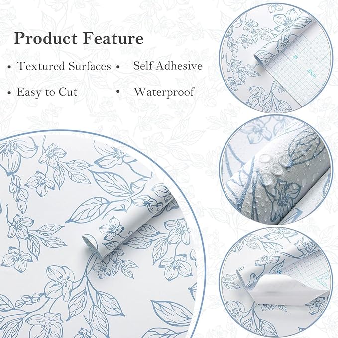 Ismoon Peel and Stick Wallpaper Blue and White Contact Paper Modern Flroal Wall