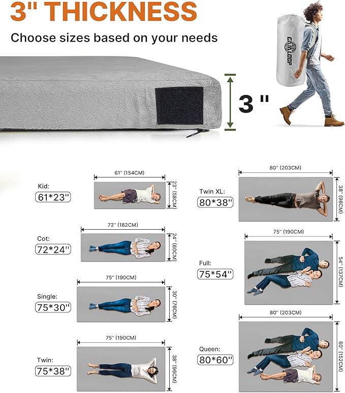 3 Inch GAIALOOP Thick Memory Foam Camping Mattress Sleeping Pad [Car/Tent/Cot] Glamping Portable Floor Mat Roll Up Futon Mattress for Guests Sleepover