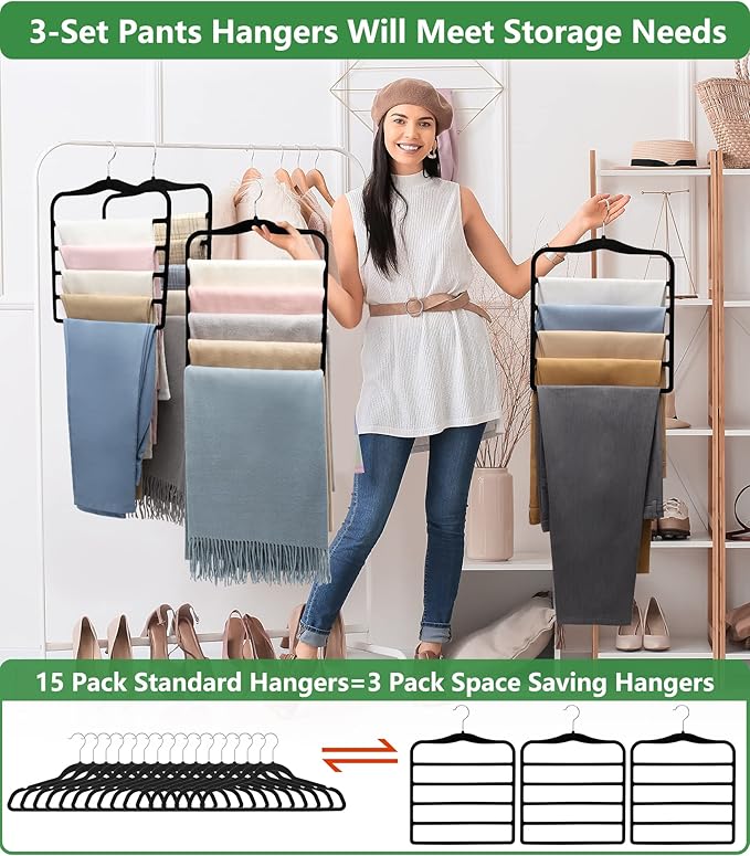 Closet Organizers and Storage,3 Pack Organization and Storage Pants-Hangers-Space-Saving,Velvet Hanger for Dorm Room for College Students Girls Boys Guys Hanging Jean Scarf