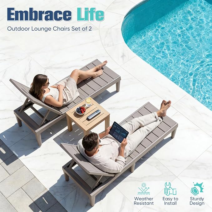 Devoko Outdoor Chaise Lounge Chair Set of 2 with 5-Position Adjustable Back, Waterproof & Lightweight PP Lounge Chairs for Outside Pool Patio (Light Brown)