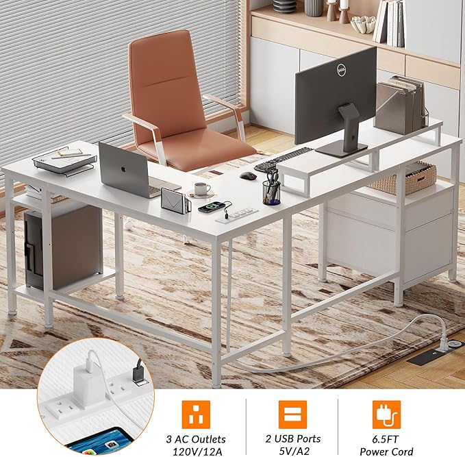 Furologee White 59” L Shaped Desk with Power Outlet, Reversible Computer Desk with File Drawer & 2 Monitor Stands, Corner Home Office Table with Storage Shelves for Gaming Writing