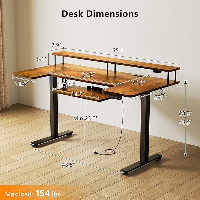 OffiGo U Shaped Electric Standing Desk with Keyboard Tray, 55 Inch Height Adjustable Desk with Power Outlets & LED Lights, Sit Stand Table with Monitor Stand for Home, Office, Rustic Brown