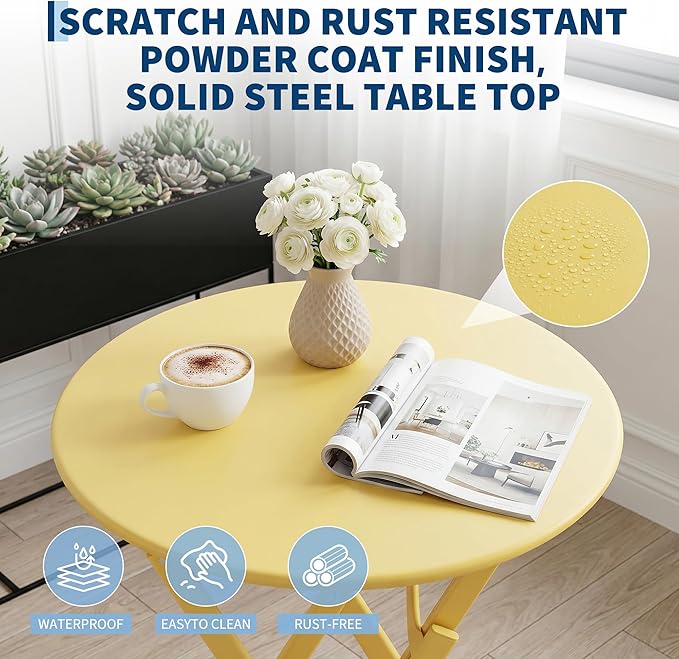 Outdoor Round Bistro Set 3 Piece, Yellow Iron Patio Furniture Set with Round Table & 2 Chairs, Foldable Steel Backyard Deck Porch Garden Furniture, Space Saving Outdoor Dining Set for Small Spaces