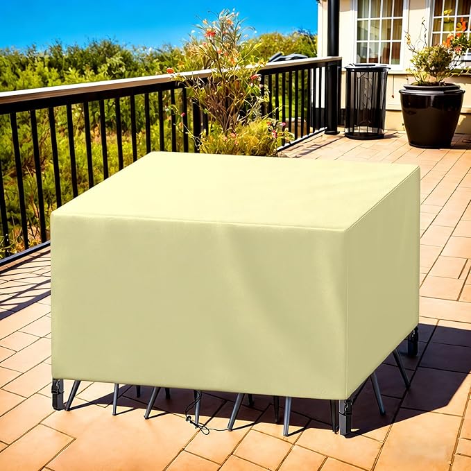 Patio Furniture Cover Rectangle 96"(L) x 60"(W) x 30"(H), Custom Heavy Duty 420D Waterproof Outdoor Cover with Drawstring & Buckles for Table Chair Garden, Cream