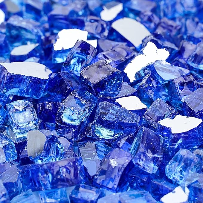 Mr. Fireglass 20 Pounds Cobalt Blue Reflective Fire Glass, 1/2 Inch High Luster Tempered Glass Rocks for Fire Pit Table Fireplace and Landscaping, Decorative Propane Gas Fireplace Glass Rocks
