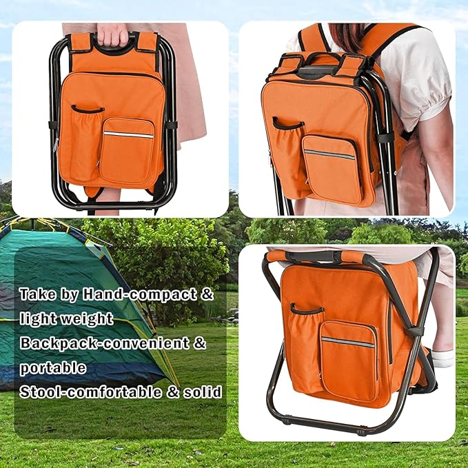 Kikerike Backpack Stool Cooler Chair Heavy Duty 300 LBS Max Load Portable Lightweight Stool Backpack Folding Fishing Cooler Seat for Camping Hunting Fishing - Orange