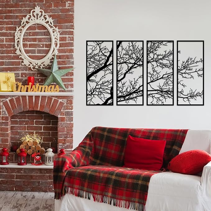 ESTART 4 Pieces Tree of Life Metal Wall Decor, Black Tree Branch Metal Wall Art, Tree Sign Wall Hangings for Home Garden Office Living Room Indoor Outdoor (Large)