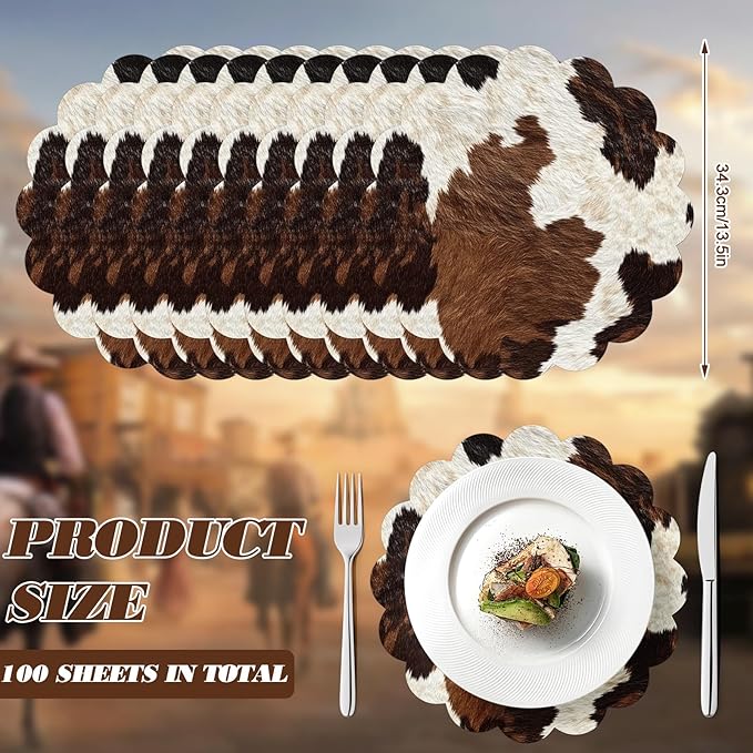 100 Pcs Cow Paper Placemats 13.5 Inches Scalloped Western Placemats Disposable Brown and White Cowhide Place Mats for Western Cowboy Party Wedding Baby Shower Rustic Party Table Decor
