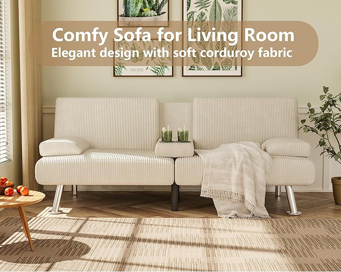 Flamaker Futon Sofa Bed Corduroy Folding Couch Adjustable Sleeper Sofa Bed for Small Apartment Upholstered Living Room Furniture Set with 2 Cup Holders Removable Armrests (Corduroy, Beige)