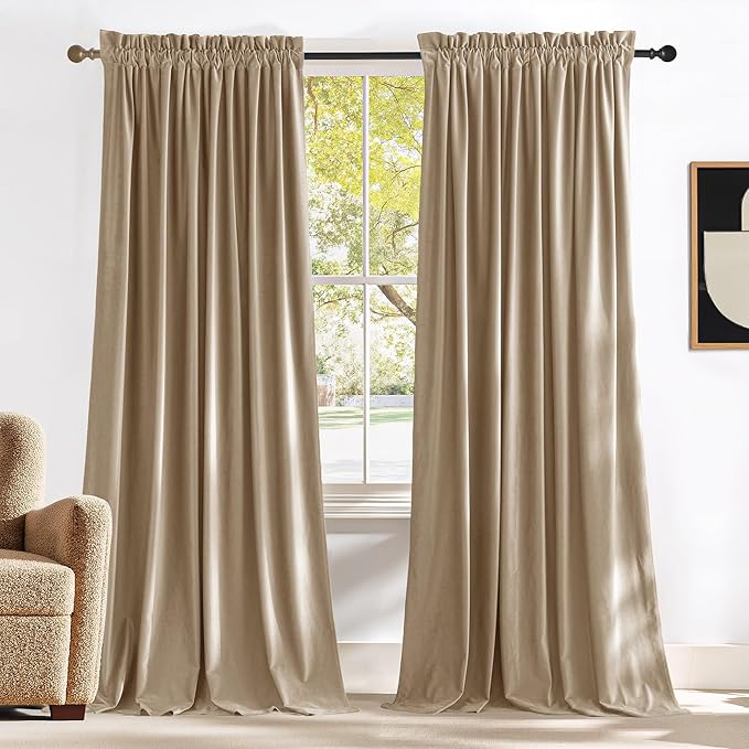 NICETOWN Beige Velvet Curtains 102 inches Long 52 inch Wide 2 Panels, Luxury
