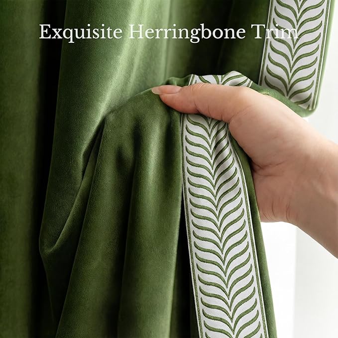 NICETOWN Rod Pocket Embroidered Trim Velvet Curtains, 2 Panels, Olive Green