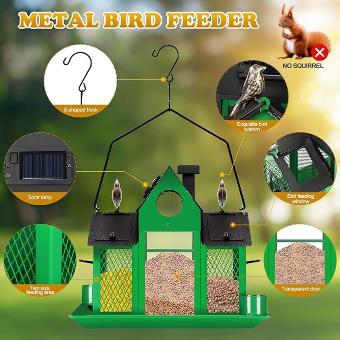 YYWMWM Solar Bird Feeders House for Outside Hanging, Metal Wild Bird Feeder for Outdoors, Large Cardinal Bird Feeder Birdhouses Green