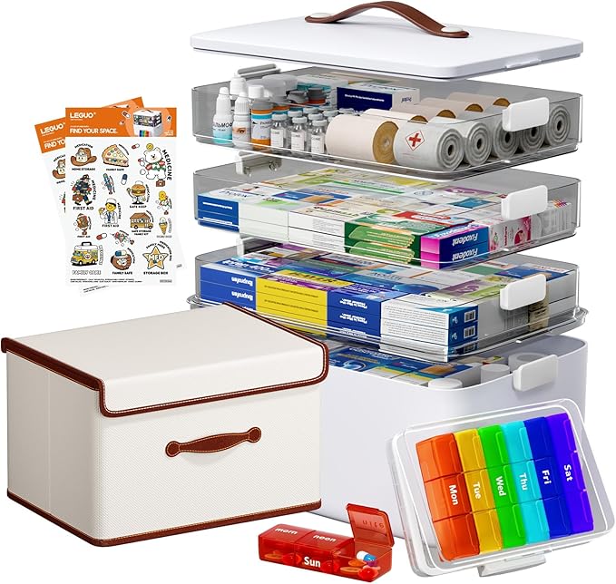 Large Medicine Cabinet Organizer with Tall Bottle Storage Bin & 7-Day Pill Box, 4-Tier Medicine Storage Organizer, Family First Aid Box Empty for Home(4C Medicine Box + Fabric Set)