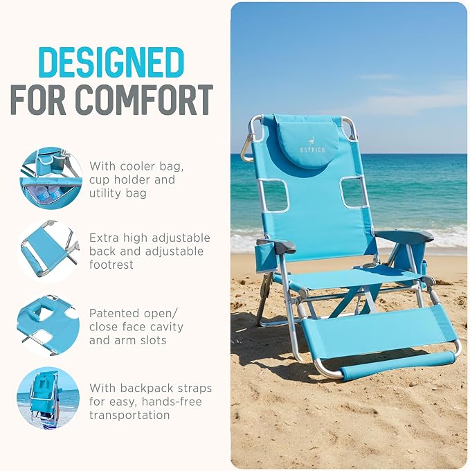 Ostrich the Backpack 3N1 Portable Chair with Cooler Bag and Reclining Lounger for Tanning, Camping, Beach, and Outdoor Essential, Light Blue