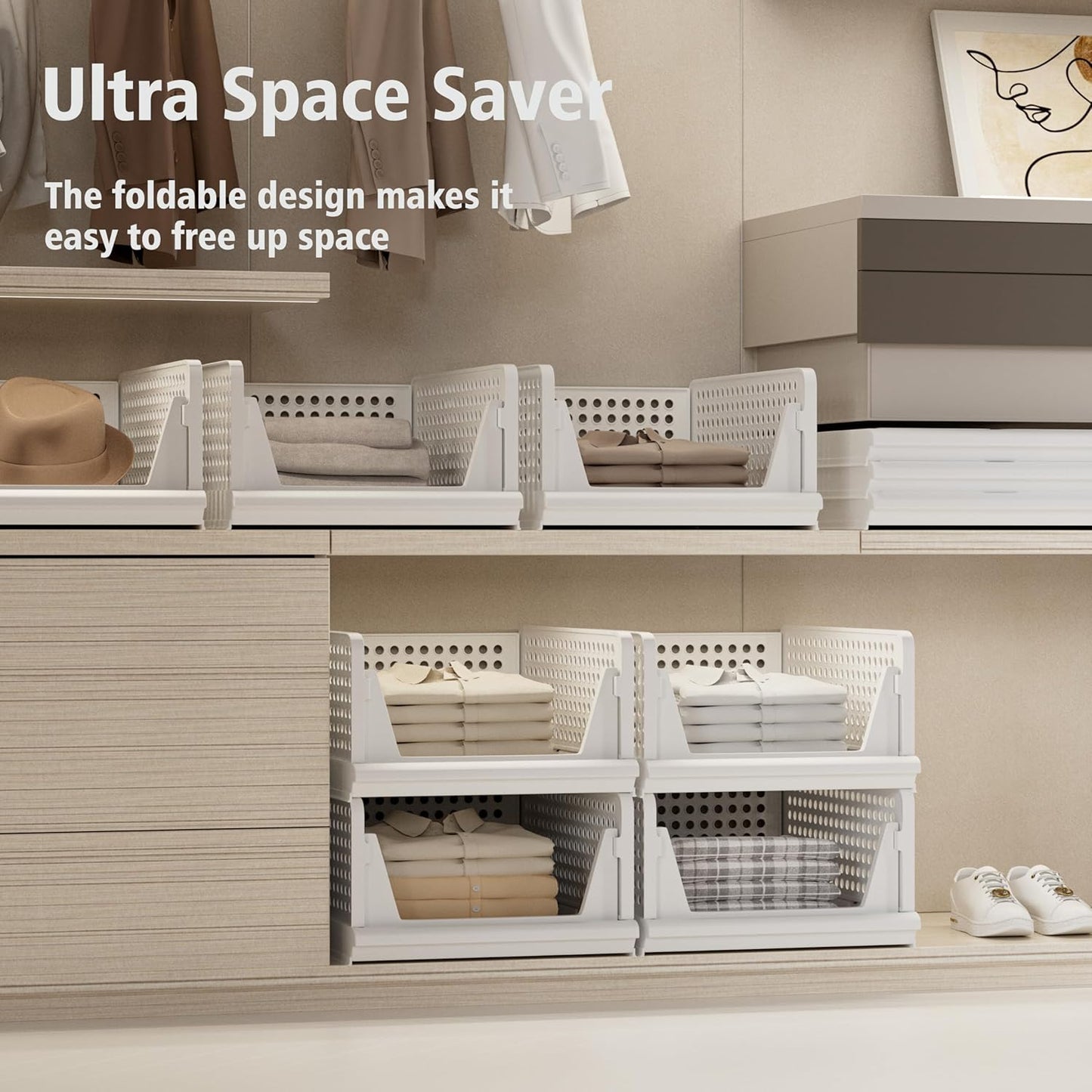 Proarea 4 Pack Stackable Plastic Storage Basket Closet Organizer Bin Foldable Clothes Organizer Storage Drawer Shelf Container for Living Room Bathroom Kitchen Office (2L+2S)