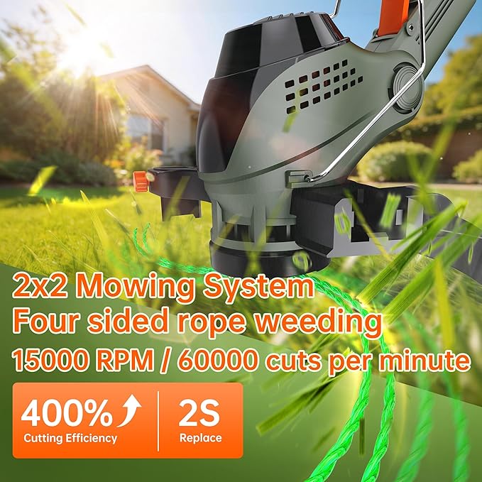 13-Inch String Trimmer Cordless,(2 x 21V 6.0Ah Batteries & Charger), Trimmer/Edger/Lawn Mower/Brush Cutter 4-in-1, Electric Weed Wacker with 2x2 Mowing Grass System, 3 Cutting Methods