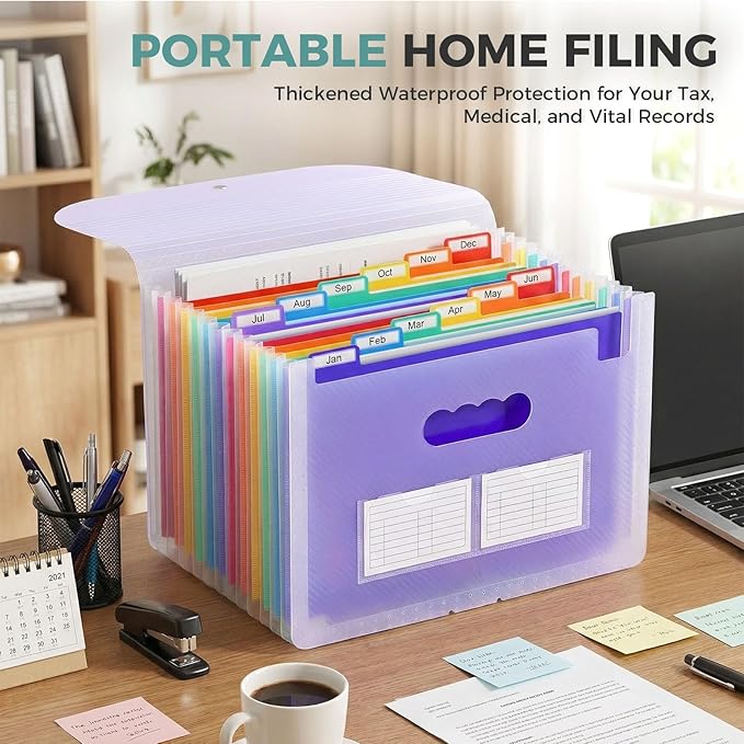 SKYDUE Accordion File Organizer, Expanding File Folder with 12 Pockets, Portable Document Paper Bill Receipt Organizer, Home School Office Supplies, Letter A4 Size Purple