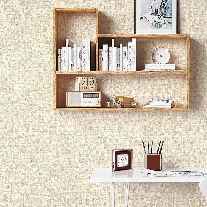 Beige Grasscloth Peel and Stick Wallpaper 17.3"x480" Faux Linen Textured