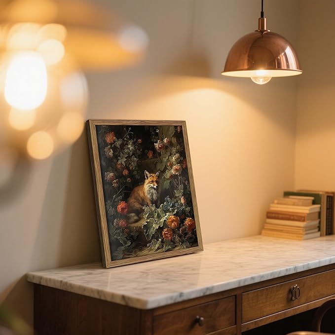 Framed Dark Academia Fox Canvas Wall Art, Sitting Fox Surrounded by Flowers