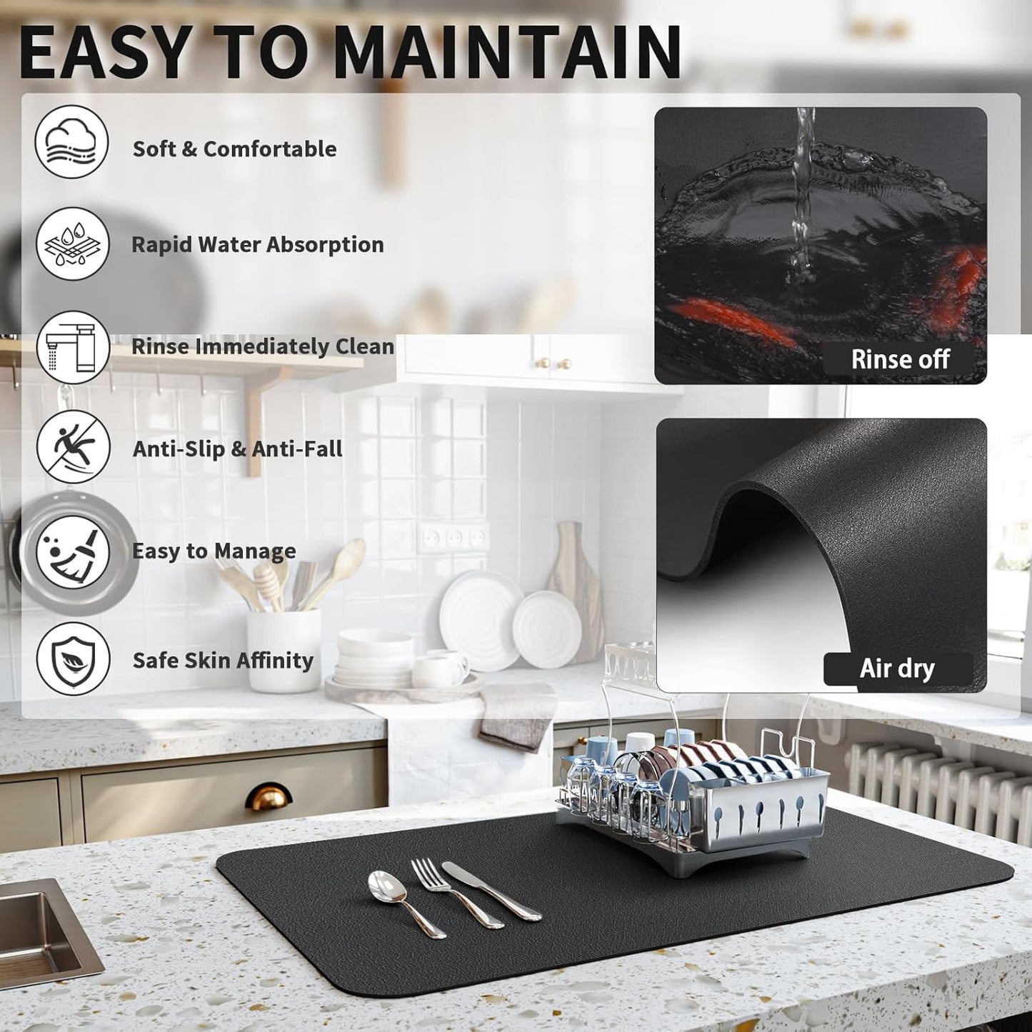 Dish Drying Mat for Kitchen Counter, Heat Resistant Drainer Mats with Non-slip Rubber Backed, Hide Stain Kitchen Super Absorbent Draining Mat, Easy to Clean Dish Rack Pad, Black 16"x20"