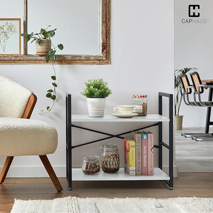 CAPHAUS 2 Tier Small Bookshelf, 24 Inch Width Free Standing Shelf, Bookcase Shelf Storage Organizer, Industrial Book Shelves for Home Office, Living Room, White Shelves & Metal Frame
