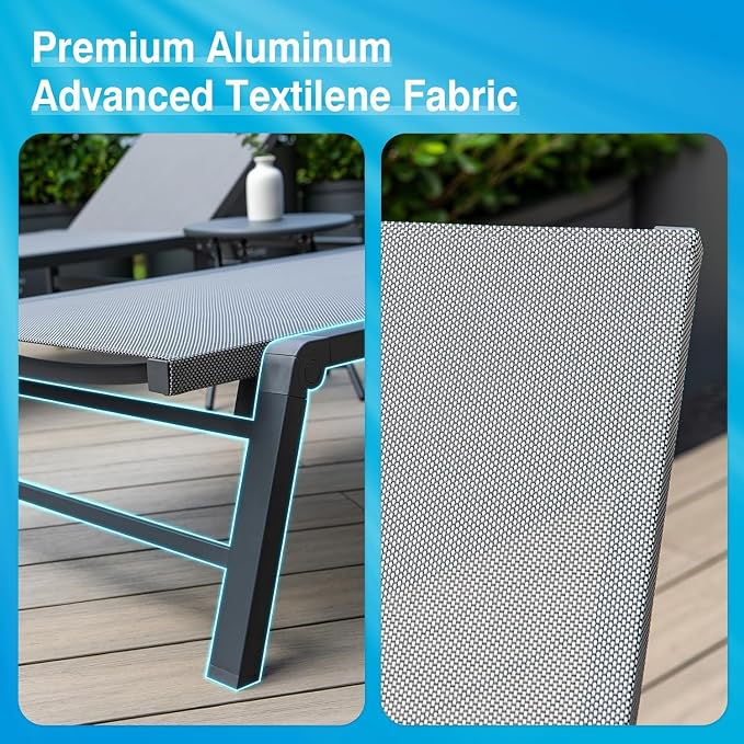 Aluminum Chaise Lounge Chair Outdoor, Foldable Patio Lounge Chair 2 Sets with Table Assemble-Free, Pool Lounge Chairs with 5 Adjustable Backrest, Outdoor Lounge Chairs for Outside Poolside Grey
