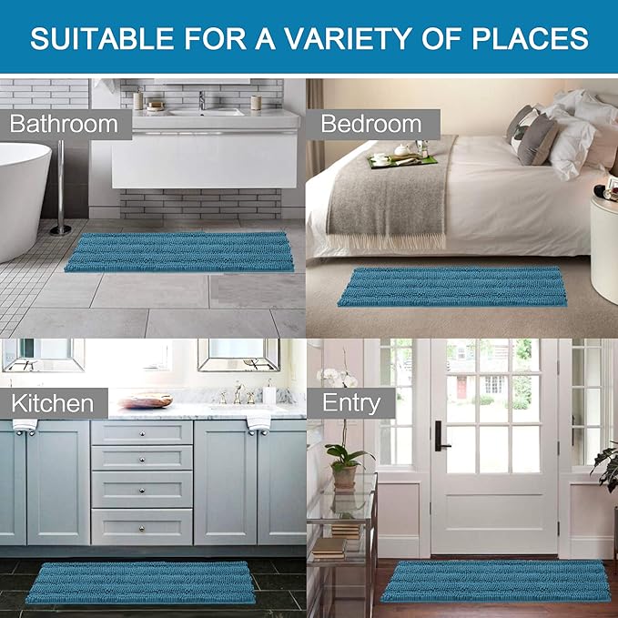 H.VERSAILTEX Bathroom Rugs Bath Rug Set 2 Piece Bathroom Contour Rug Toilet Mat Sets Non Slip Contour Bath Rug Ultra Thick Water Absorbent Striped Bath Mats(47" x 17" Plus 20" x 20" U, Turquoise Blue)