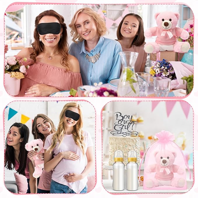 Soulchen 6 Set Bear Blindfolded Diaper Changing Baby Shower Games 14 Inch Bear Plushes with Dolls Diapers Bottles Shirts for Gender Reveal Bridal Shower Game Prize Gift Guest Adult(Pink)