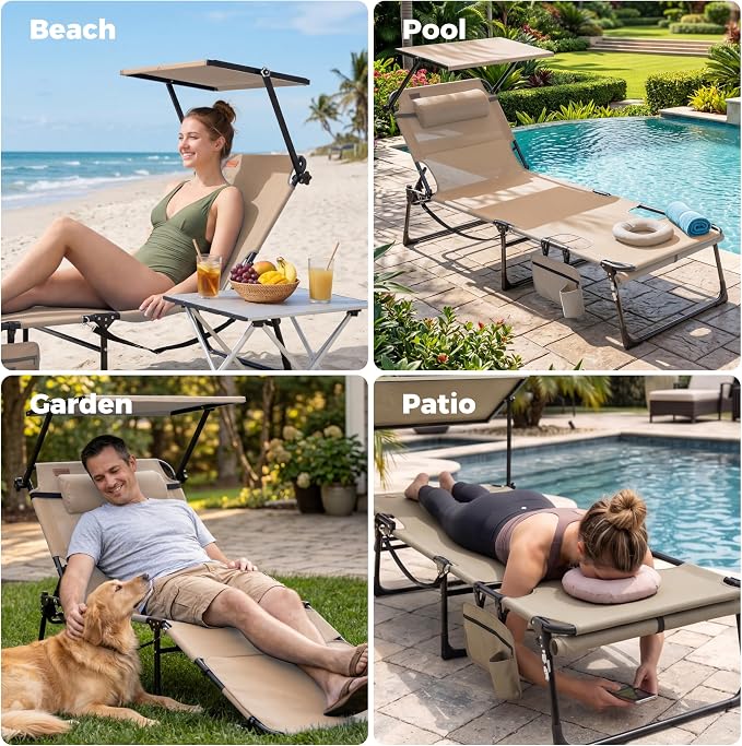 Tanning Chair with Face Hole & Canopy, 28'' Extra Wide, Beige | Folding Chaise Lounge Chair with 4-Position Adjustable Backrest for Beach, Pool, Patio & Camping
