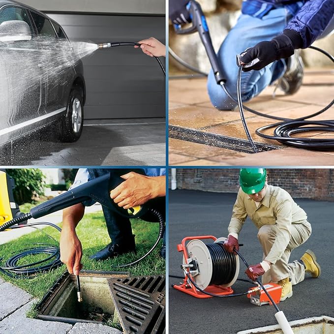 100FT Sewer Jetter Kit for Pressure Washer, 5800PSI Drain Cleaner Hose 1/4 Inch NPT Corner with 4 Sewer Jetting Nozzles，Waterproof Tape，Pearl Corsage Pin，Handle Strap & 2 Spanners (Black)