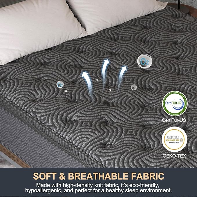 Queen Mattress, 14 Inch Hybrid Mattresses in a Box with Durable Support, Fiberglass Free, Motion Isolation & Individually Poctet, 100 Night Trial, Queen Size, Dark Grey