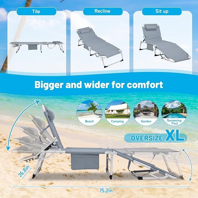 3-in-1 Oversized Sun Tanning Chair with Mat & Face Hole, Heavy Duty Folding Chaise Lounge - 5-Position Adjustable Outdoor Chair for Beach, Pool, Patio, Lawn, Yard - Includes Pillow