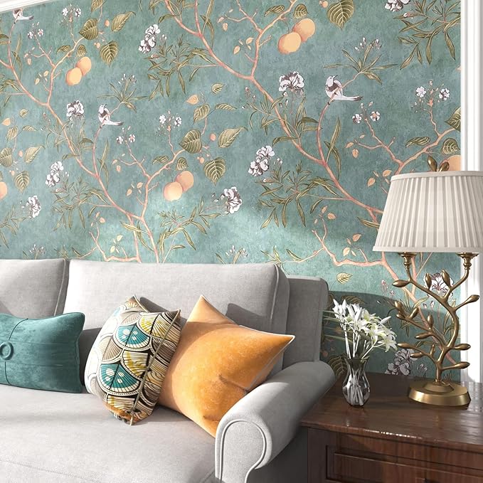 Laatse Green Floral Wallpaper Peel and Stick Bird Wallpaper 17.5" x 196.8"