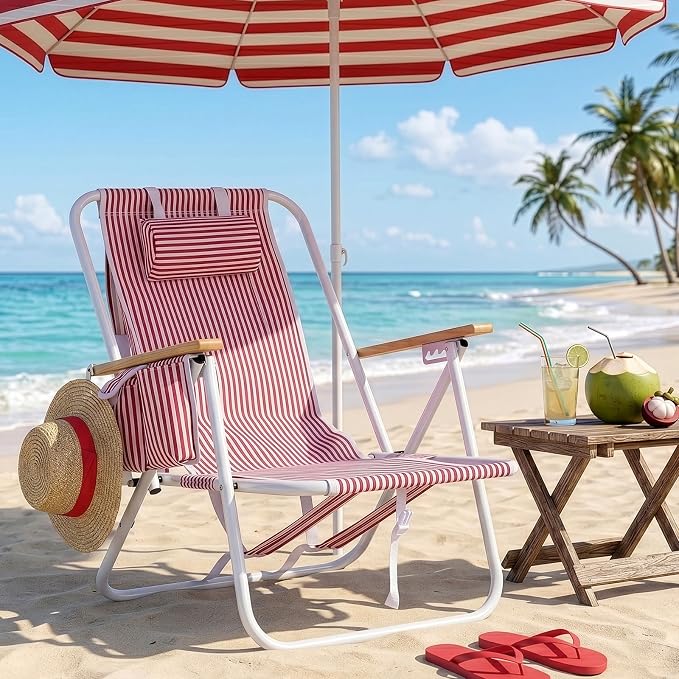 Outvita 2 Pack Folding Beach Chair, 4 Position Adjustable Reclining Lounge Chair with Padded Headrest, Large Rear & Side Storage Pockets, Lightweight Portable Outdoor Chair for Beach Pool Garden BBQ