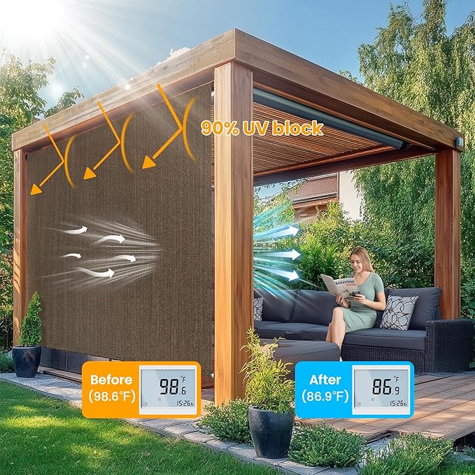 8'W x 8'H Mocha Patio Shades Roll up Outdoor Roller Shade Crank Wand Blind