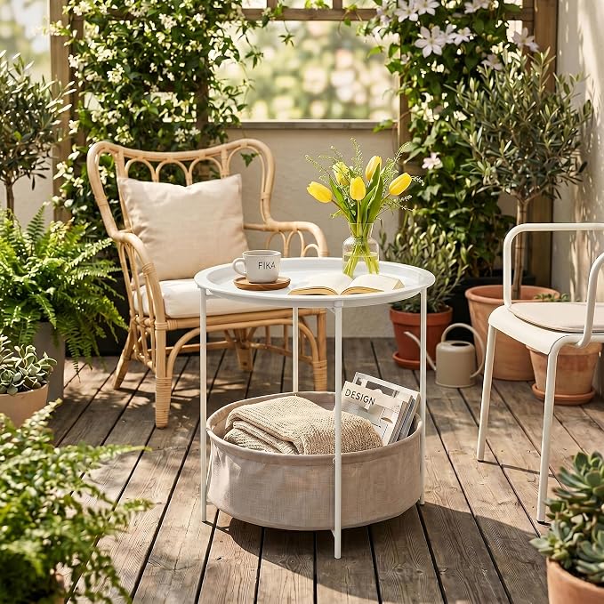 VECELO Round Side/End Table with Fabric Storage Basket，Metal Anti-Rust and Waterproof Small Bedside Nightstand with Removable Tray Top for Living Room，Balcony & Laundry，Beige/1pcs with Basket